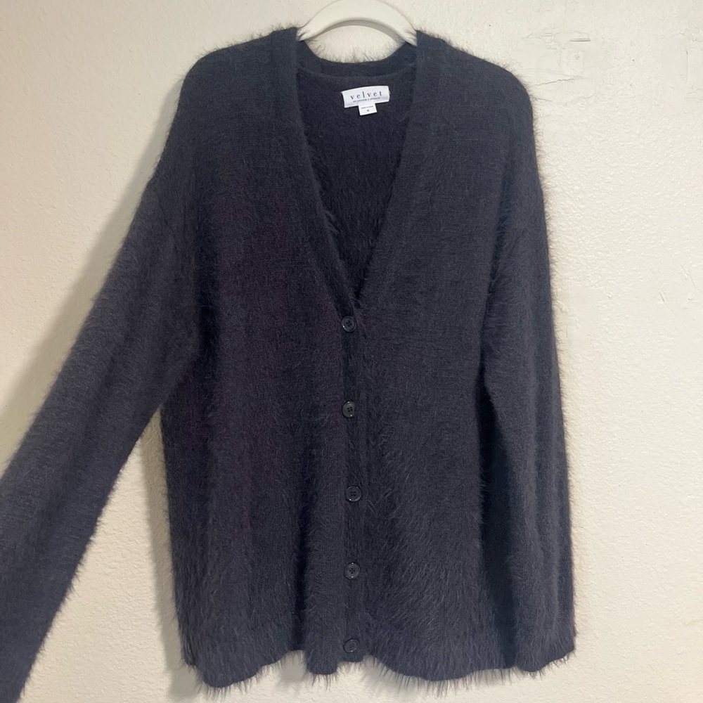 Velvet by Graham & Spencer: GRAY Soft Fuzzy V-Neck Cardigan Sweater